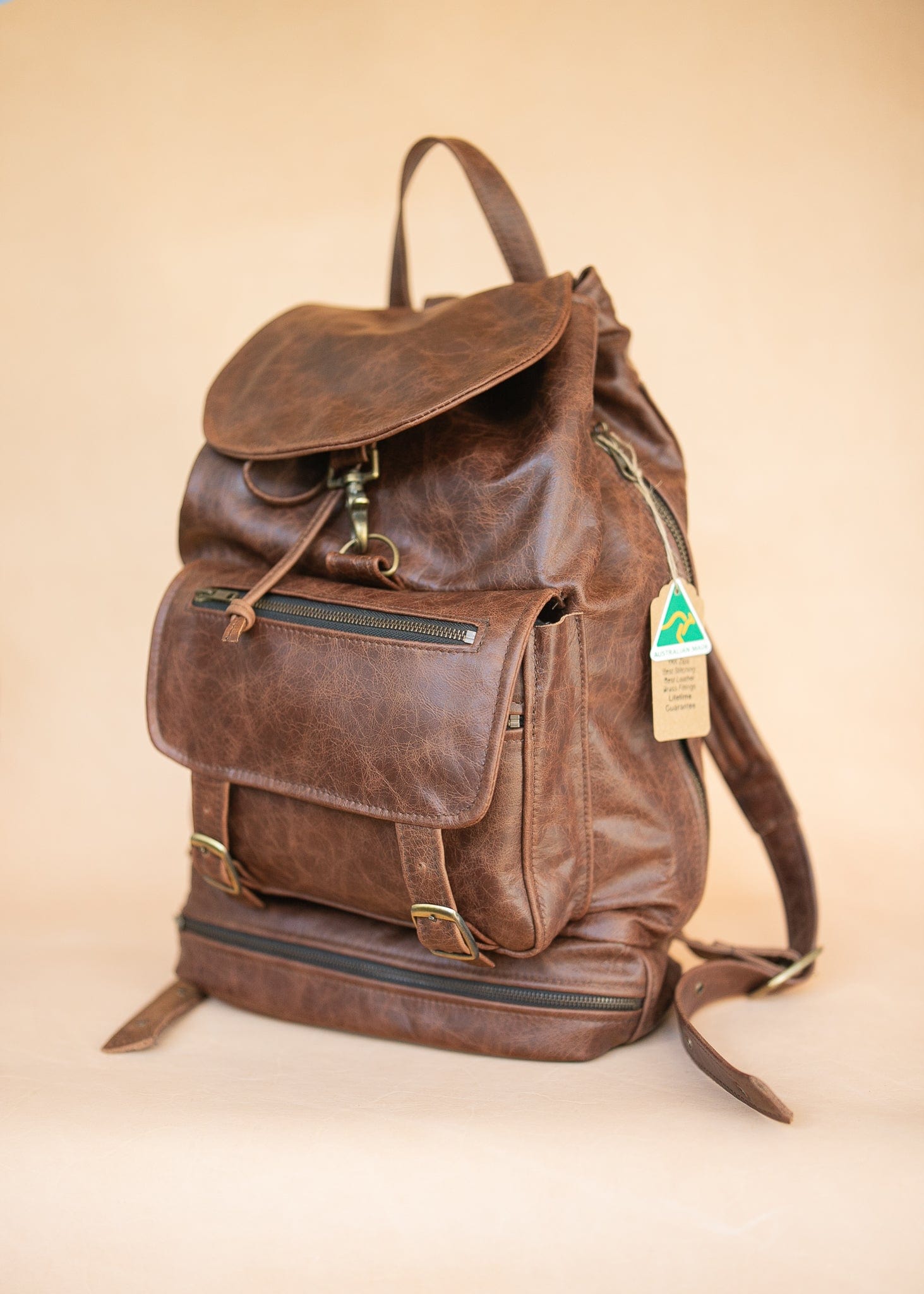 The Real McCaul Back Packs Large Deluxe Travel Laptop Backpack - Cowhide - Marble Brown Australian Made Australian Owned Leather Laptop/Travel Backpack Handmade in Australia- Kangaroo & Cowhide Leather