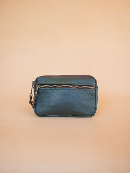 The Real McCaul Coin Purse Large / Green / Antique Brass Parker Pouch - Kangaroo Australian Made Australian Owned Tri-Pocket Leather Pouch 