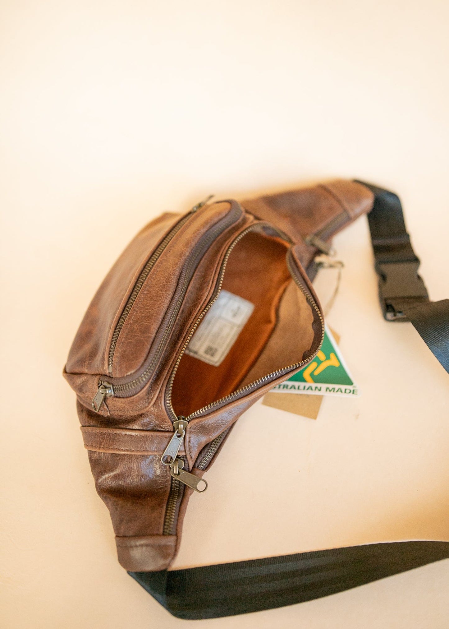 The Real McCaul Leathergoods Bum Bag Multi-Pocket Belt Bum Bag - Cowhide Australian Made Australian Owned Deluxe Leather Bum Bag Handmade in Australia YKK Zips