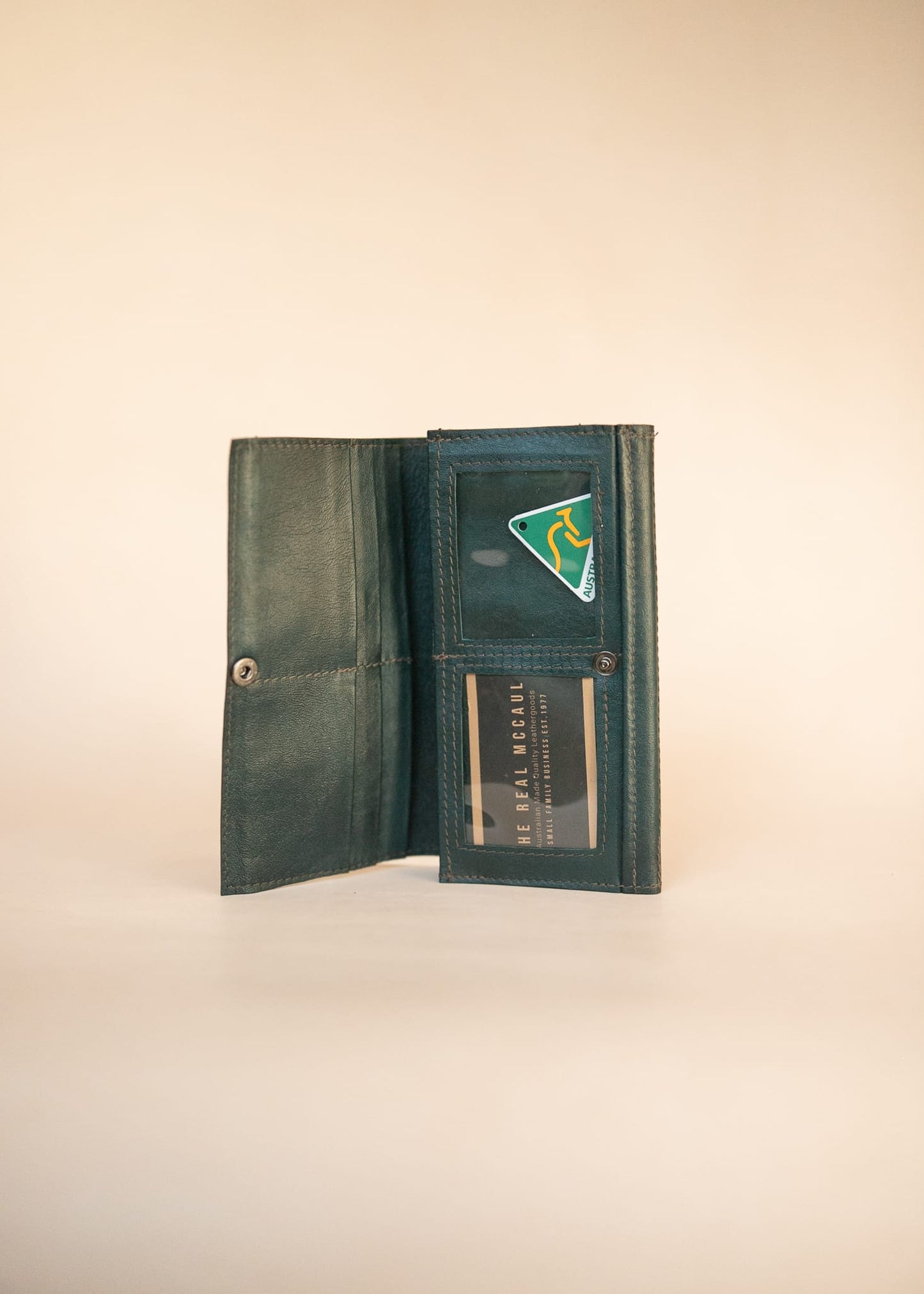The Real McCaul Wallets The Sue Wallet - Kangaroo - Juniper Green Australian Made Australian Owned Genuine Leather Ladies Large Wallet- Made In Australia with Kangaroo and Cowhide