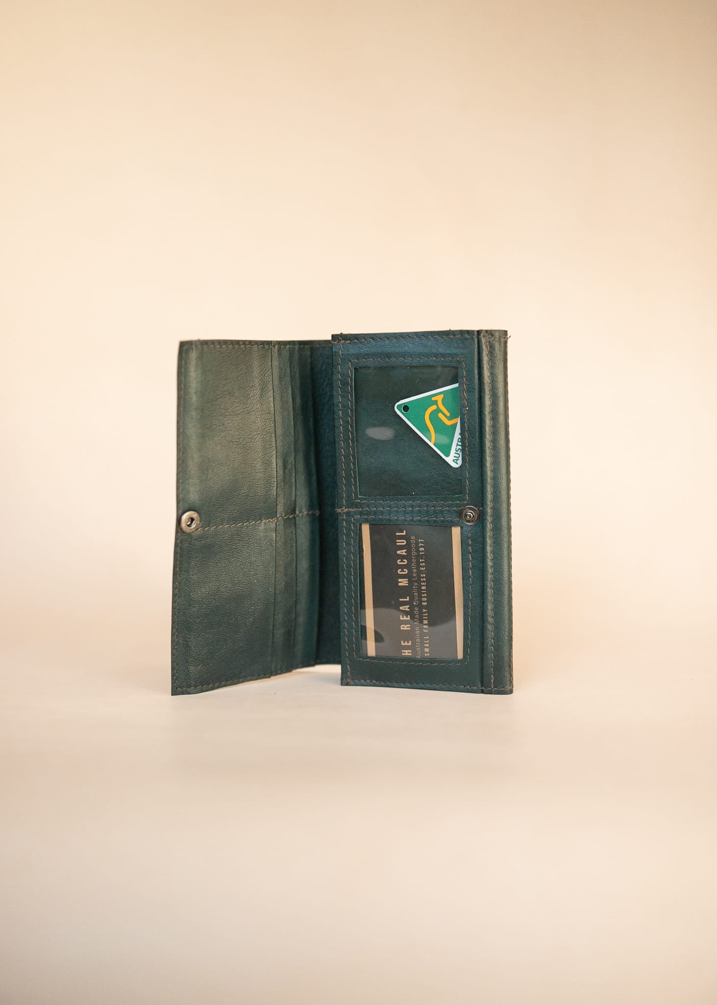 The Real McCaul Wallets The Sue Wallet - Kangaroo - Juniper Green Australian Made Australian Owned Genuine Leather Ladies Large Wallet- Made In Australia with Kangaroo and Cowhide