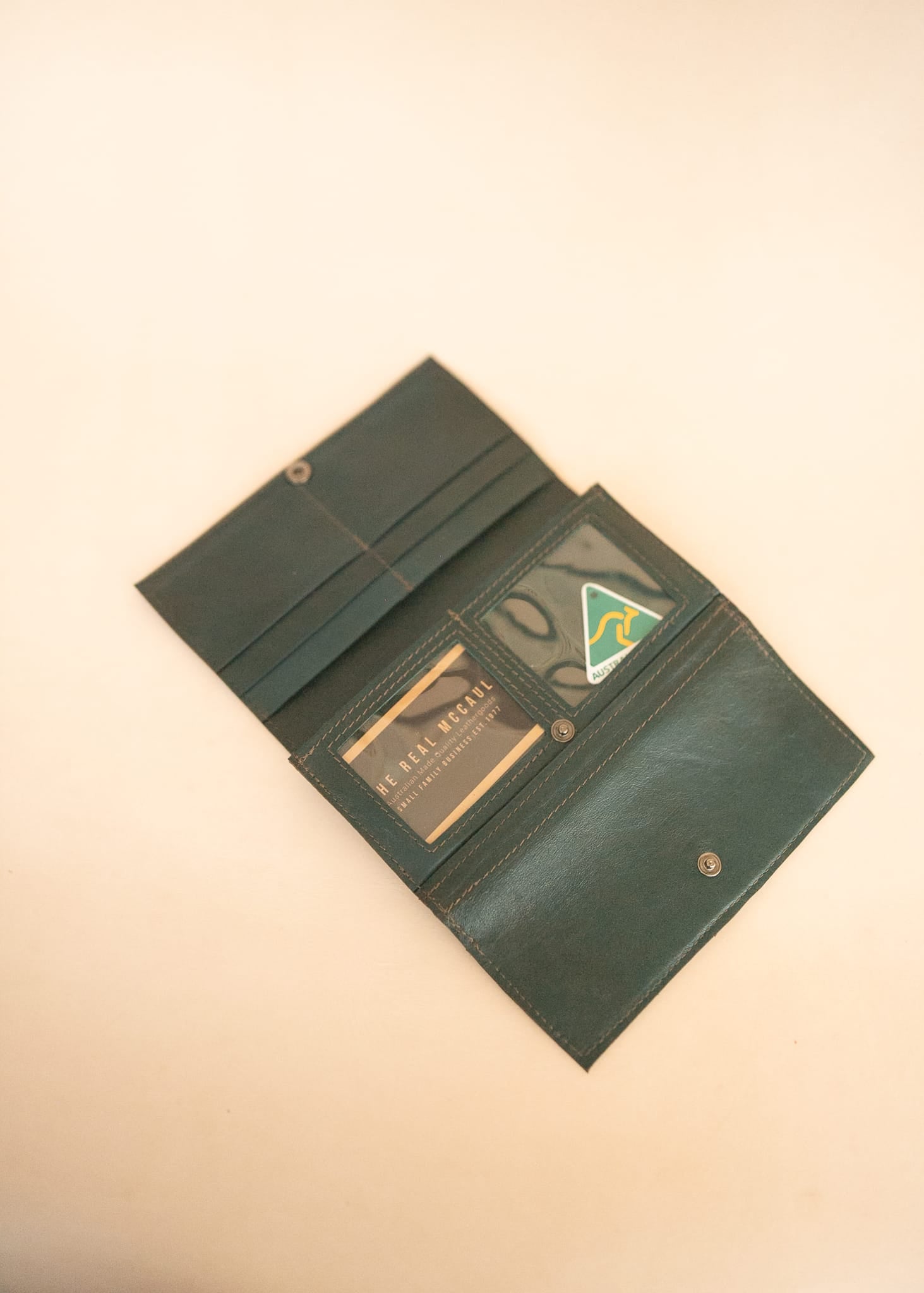 The Real McCaul Wallets The Sue Wallet - Kangaroo - Juniper Green Australian Made Australian Owned Genuine Leather Ladies Large Wallet- Made In Australia with Kangaroo and Cowhide