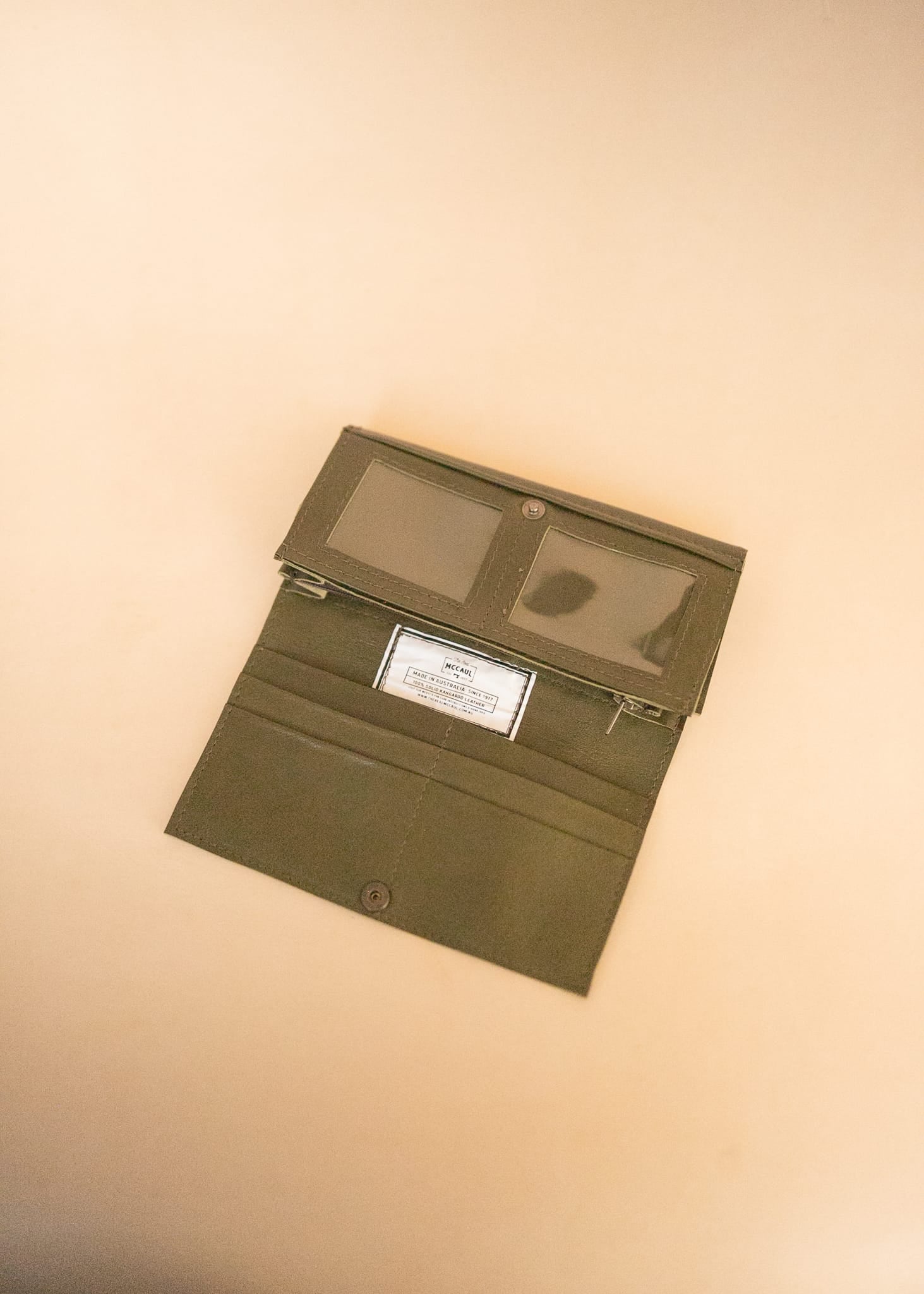 The Real McCaul Wallets The Sue Wallet - Kangaroo - Olive Green Australian Made Australian Owned Genuine Leather Ladies Large Wallet- Made In Australia with Kangaroo and Cowhide