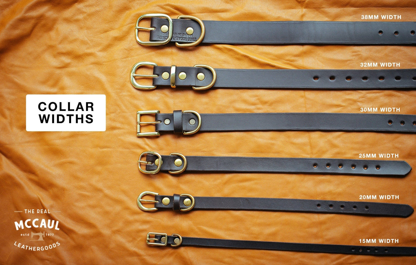 The Real McCaul Leathergoods Personalised Dog Collar 38mm Wide - Black Australian Made Australian Owned Leather Dog Collar with Brass Fittings- Australian Made